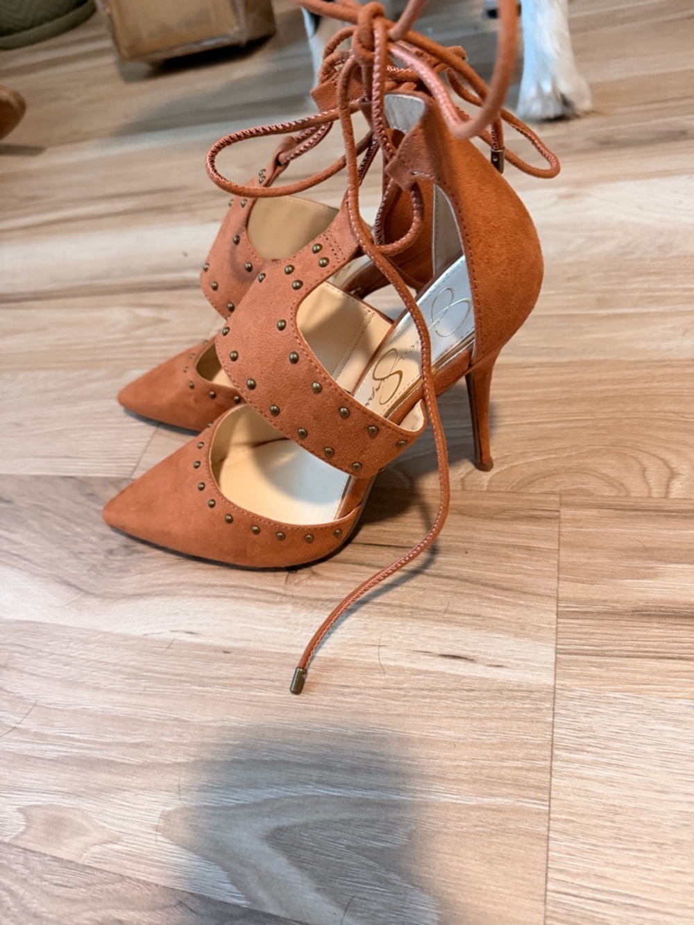 Jessica Simpson Studded Lace-Up Pointed-Toe Heels in Rust Orange